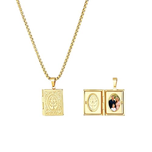 Stainless Steel Photo Locket Necklace for Women, 3mm Box Chain, Personalized Picture Holder Pendant, Waterproof Hypoallergenic Sentimental Jewelry Gift - color: Tree of Life Square Gold