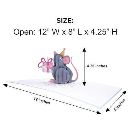 Gifts And Cards Happy Mouse Birthday Party Hat Gift 3D Pop-Up Card 6"x8" | Best Wishes, Congratulations, Cheerful Animal Lovers Presents, Feliz Cumpleaños, Friend, Daughter, Son, Festive Keepsake - color: Mouse Birthday