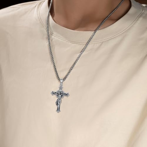 Crucifix Necklace for Men 925 Sterling Silver Jesus Cross Necklace Crucifix Cross Pendant Protection Jewelry for Men Women - style: A02-Hanging Cross-Vintage
