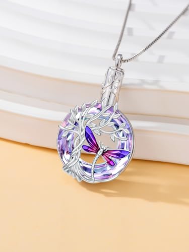 TOUPOP Butterfly Necklace for Women 925 Sterling Silver Tree of Life Butterflies Dragonfly Hummingbird Pendant Necklaces Crystal Jewelry Anniversary Christmas Birthday Gift for Her - color: Dragonfly Purple - Urn