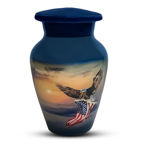 American Flag and Eagle Keepsake Urn for Ashes, 2.7 cu in (About 3 tbsp) | Hand-finished aluminum with threaded lid. Velvet gift box included. Design honors veterans and service members. - color: American Flag & Eagle Memorial Blue, size: Small