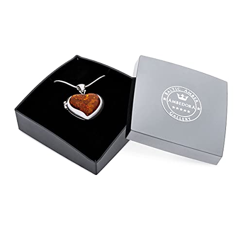 Women's Necklace, Medallion, Polished Sterling Silver with Protective Nanocoating, Amber Heart in Cognac Color, Silver Secret Pendant with Chain