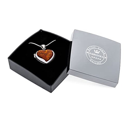 Women's Necklace, Medallion, Polished Sterling Silver with Protective Nanocoating, Amber Heart in Cognac Color, Silver Secret Pendant with Chain