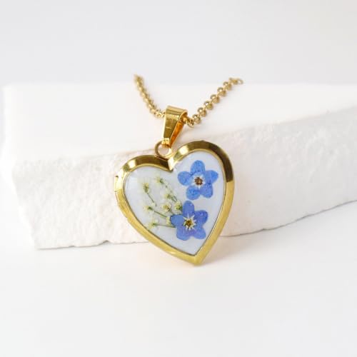 Heart Locket Necklace That Holds Pictures Pressed Flower Photo Locket Pendant Necklace for Girl Women Gift for Her - style: Gold-Blue Forget me not