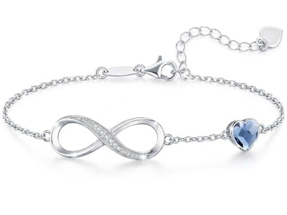 CDE 925 Sterling Silver Infinity Birthstone Bracelet Jewelry Gift for Women | Hypoallergenic,Non Tarnish,Heart CZ,Nickel-Free & Lead-Free,Anniversary Christmas Birthday Idea Gifts for Wife Girlfriend Her - color: Crystal-Blue