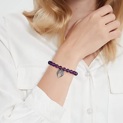 QWNHONEY Memorial Gifts for Loss of Loved Sympathy Remembrance In Memory of Mother Father Pet Bereavement Grief Pink Red Beads Bracelet with Angle Wings Jewelry Gifts for Women - style: Purple-Wings-I was always his angel, now he's mine