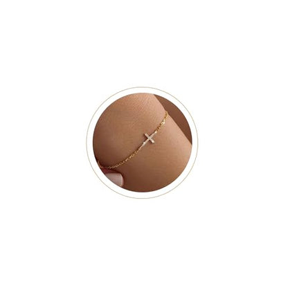 Moodear Cross Bracelet for Women, Dainty Sterling Silver/Gold Plated Gift | Christian Religious Gifts for Teen, Stocking Stuffers, Adjustable Link Bracelets, Sparkling CZ Cross, Non Tarnish Jewelry - color: CZ Gold Cross Bracelet
