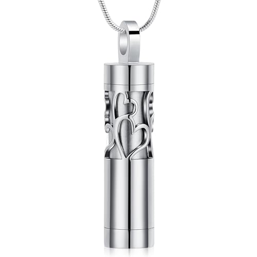 Hollow Cylinder Urn Necklace for Ashes for Women Men Vial Stainless Steel Cremation Jewelry Memorial Keepsake Locket Pendant - color: Silve