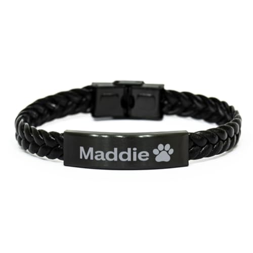 Maddie Paw Print Name Braided Leather Bracelet - Loss of Pet Remembrance ID Plate Bracelet Dog Cat Pet Paw Pet Lover Memorial Gifts For Men Women, Engraved Adjustable