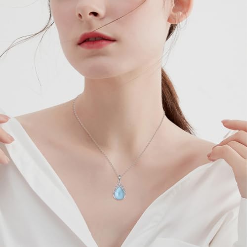 CRMAD Larimar/Opal/Lapis Lazuli/Tourmaline/Malachite/Labradorite/Turquoise/Onyx/Rose Quartz/Amber/Peridot Necklace for Women 925 Sterling Silver Teardrop Pendant Jewelry Gifts - color: larimar
