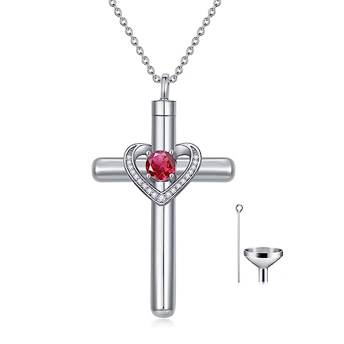 AOBOCO Cross Necklace for Ashes, Sterling Silver Birthstone Cross Urn Necklaces for Ashes Embellished with Crystals from Austria Keepsake Cremation Jewelry for Pet Human Ashes - color: 07-ruby-Jul