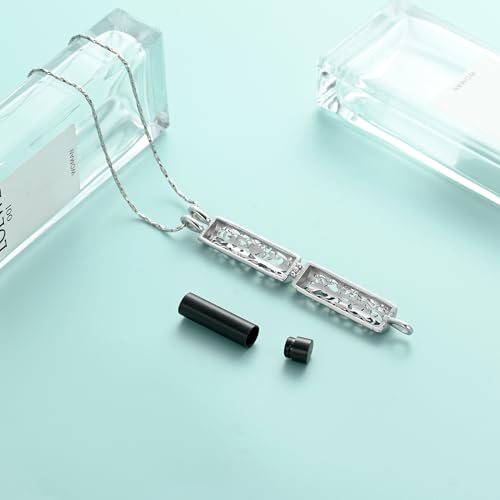 Tree of Life Urn Necklace for Women Men Cylinder Bar Memorial Ash Pendant | Tree of Life Cremation Jewelry,Stainless Steel Keepsakes Necklaces,Vial Ashes Pendant - color: Silver-Black