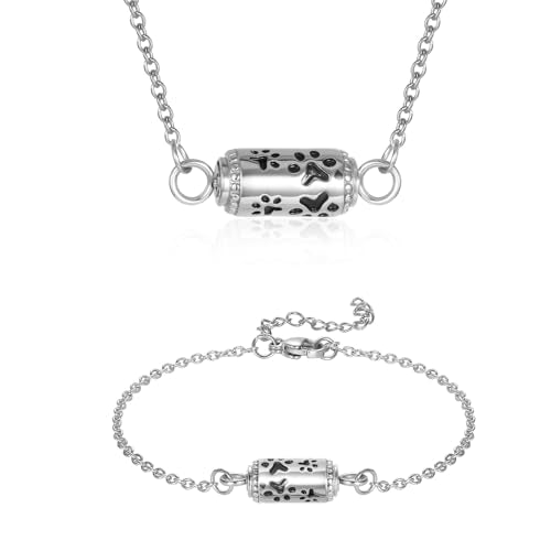 Pet Cremation Jewelry Stainless Steel Paw Print Tube Urn Necklace For Cat Dog Ashes Necklace For Women Keepsake With Filling Kits - color: Necklace And Bracelet