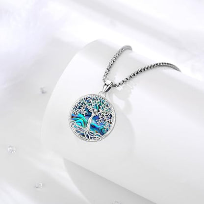 Sterling Silver Tree of Life Necklace for Women Oval Family Tree Necklace Abalone Shell Moonstone Pendant Mother Day Necklace for Mom Tree of Life Jewelry - style: Tree of Life-Abalone Shell