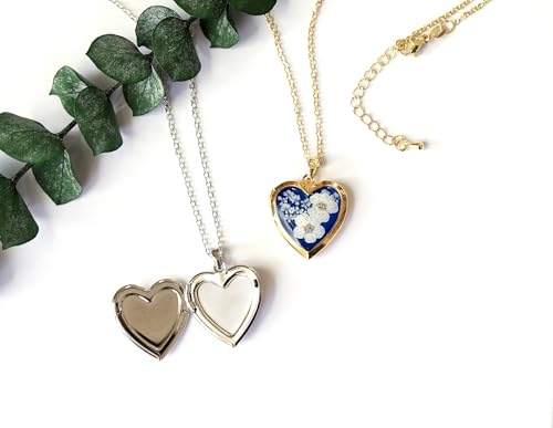 Handmade Heart Shaped Dried Pressed Forget Me Not Flower Photo Locket Pendant Necklace - color: Silver, style: WHITE+ROYAL BLUE
