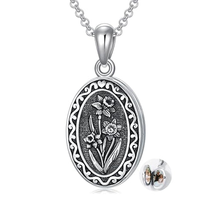 Birth Flower Photo Locket Necklace 925 Sterling Silver 12 Month Locket Necklace with Picture Birth Flower Photo Jewelry Gifts for Women Mother Mom Daughter - color: 03-March-Daffodil, style: 1.no custom