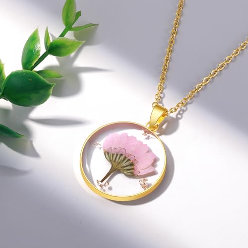 AUNTESIGN Forget-Me-Not and Queen Anne's Lace Pressed Wildflower Necklace | Birth Month Flowers Necklace | Gold/Silver Pressed Flower Jewelry | Mother's Day | Gift For Her - color: Aster Necklace (September Birth Flower)
