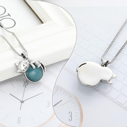 XSMZB Pet Cremation Ashes Jewelry Moonstone Cat Urn Necklace for Ashes for Women Men Lovely Cat Memorial Urn Locket Keepsake Pendant Gift - color: Silver Cat