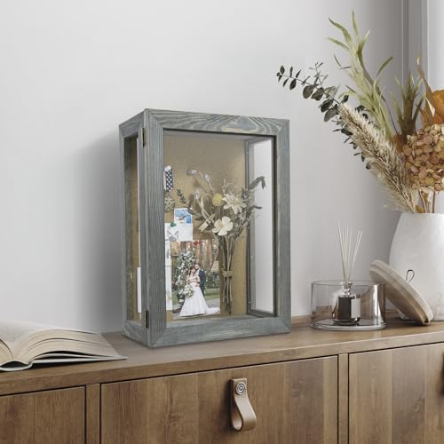 MyGift 11x15 Deep Shadow Box Frame, Display Case Wall Mount for Picture, Heirloom, Home Office Décor, Wedding & Military Memorabilia Display, Solid Wood, Clear Acrylic, Magnetic Lock, Grey | Magnetic Closure, Clear Front Panel, Keepsakes Memorbilia Displa