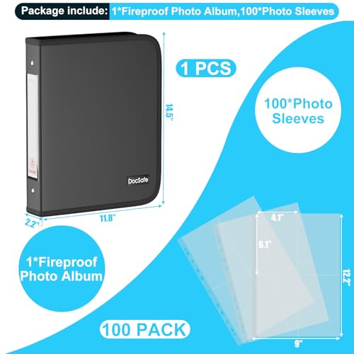 DocSafe Photo Album 4x6 400 Pockets,Fireproof Photo Book with 100 Plastic Sleeves,Large Capacity Binder Protect Family Wedding Anniversary Baby Vacation Pictures,Zipper Closure,2-Inch O-Rings,Black