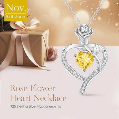 925 Sterling Silver Rose Love Heart Birthstone Necklaces for Women Jewelry | Hypoallergenic Nickel-Free & Lead-Free Pendant,Birthday Anniversary Christmas Gift for Women Wife Mom Girlfriend - color: White Gold-11-Nov