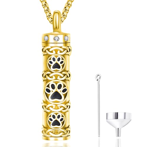 Pet Cremation Urn Necklace for Dog Cat Ashes 925 Sterling Silver Paw Print Keepsake Pendant Celtic Knot Memorial Jewelry for Women Men - style: 00A-Vial Urn-(Gold Plated)