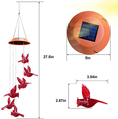 Solar Cardinal Wind Chimes Lights for Outside Garden Patio Decor | Red Bird Hanging Windchimes for Home/ Outdoors, Memorial Gifts Gifts for Mother Mom Grandma Women Birthday Christmas