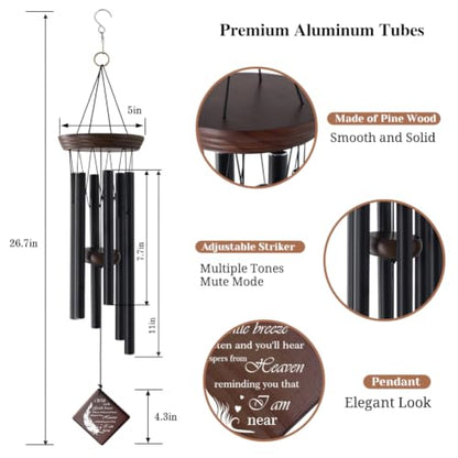 Memorial Wind Chimes for Outside, Sympathy Gift for Loss of Loved One | Black Aluminum Wind Chime with Pine Wood and Double-Sided Printed Wind Sail - size: Feathers