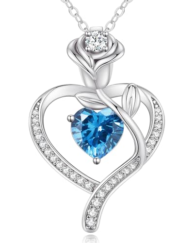 925 Sterling Silver Rose Love Heart Birthstone Necklaces for Women Jewelry | Hypoallergenic Nickel-Free & Lead-Free Pendant,Birthday Anniversary Christmas Gift for Women Wife Mom Girlfriend - color: White Gold-03-Mar