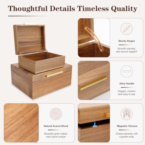 Acacia Wood Keepsake Box with Magnetic Lid, Set of 2 Large and Small Memory Storage Boxes for Jewelry, Photos, Crafts
