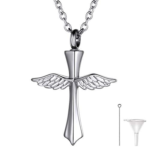 Richsteel Urn Necklaces for Ashes for Women Men Cremation Pendant | Necklace for Ashes Stainless Steel Memorial Jewelry - color: 08-Steel Cross Wing