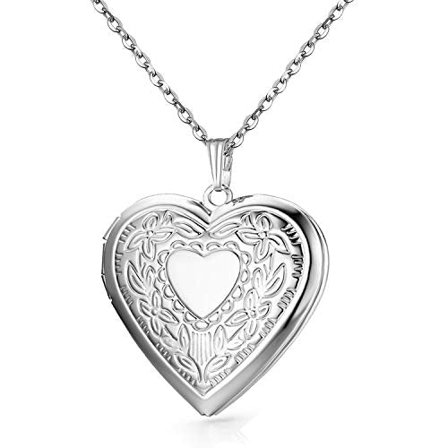 Gold Oval Flower Locket Necklace that Holds Pictures Photo Locket Pendant - color: SilverHeart