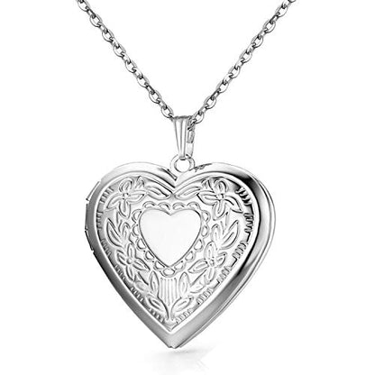 Gold Oval Flower Locket Necklace that Holds Pictures Photo Locket Pendant - color: SilverHeart