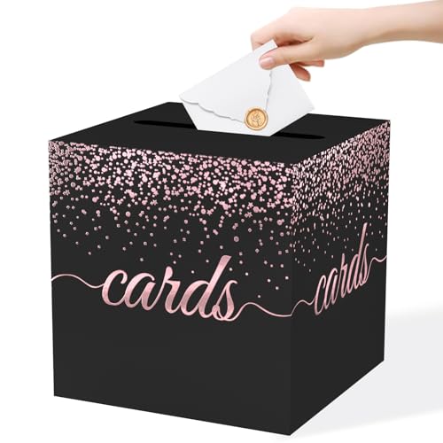 WNINK Black Rose Gold Cards Box for Birthday, Wedding, Bridal or Baby Shower, Graduation, Anniversaries, Engagement Party Decorations Supplies Money and Cards Receiving Box - color: Black Rose