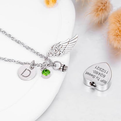 Gredstar Heart Urn Necklace for Ashes, ECG Memorial Pendant | Heartbeat Line, Angel Wing, 12 Birthstones, Stainless Steel, Screw Closure, Funnel & Box Included - style: Customize Your Necklace
