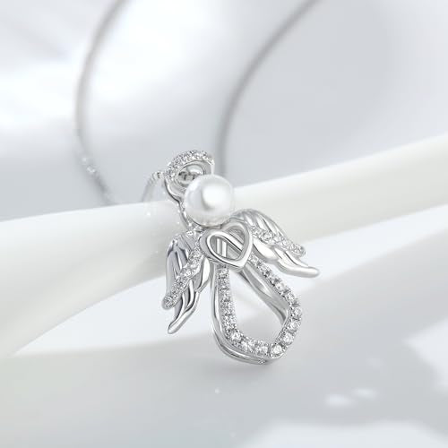 925 Sterling Silver Guardian Angel Pendant Necklace for Women with Birthstone Cubic Zirconia Little Angel Pendant Necklace Jewelry 18 inch Chain - color: 14-pearl-silver