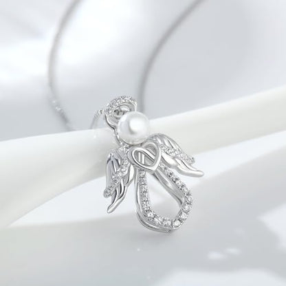 925 Sterling Silver Guardian Angel Pendant Necklace for Women with Birthstone Cubic Zirconia Little Angel Pendant Necklace Jewelry 18 inch Chain - color: 14-pearl-silver