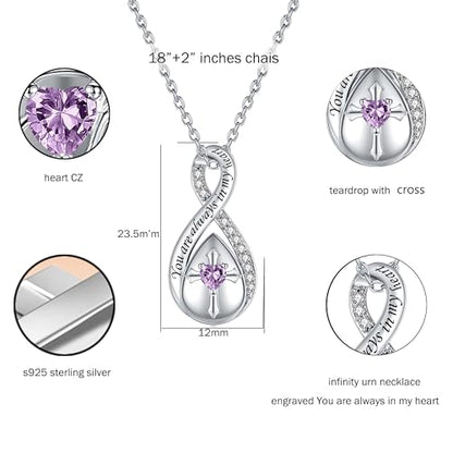 ZOEXUE Infinity Cross Cremation Jewelry - S925 Sterling Silver Cross Urn Necklace for Women - Birthstone Cross with Heart CZ Ashes Keepsake Pendant Memorial Urn Jewelry Gift for A Loss Loved Ones - color: light purple