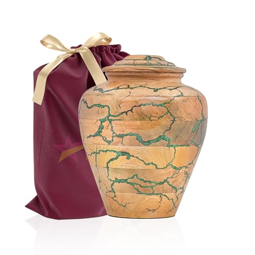 Wooden Cremation Urn for Adult Human Ashes – Handmade Mango Wood Funeral Urn with Green Epoxy Inlay – Large 225 Cu in Memorial Burial Urn Box with Velvet Bag (225 lbs) - size: Large (225 lbs)