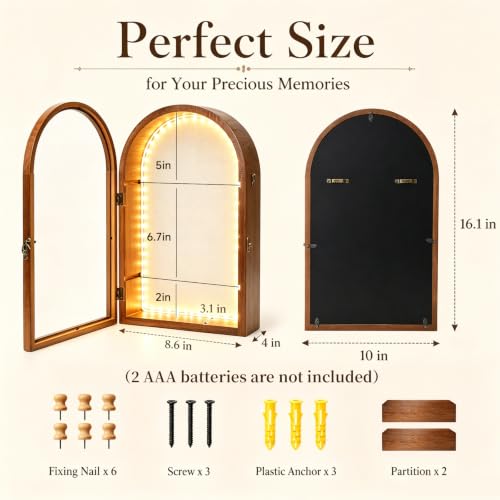 Lighted Shadow Box Frame 10x16, 4-Inch Deep with Removable Shelves | Built-In LED Light Clear Acrylic Door Warm Walnut Finish Memory Box for Medals, Wedding Bouquet, Keepsakes & Pet - color: Walnut With Light