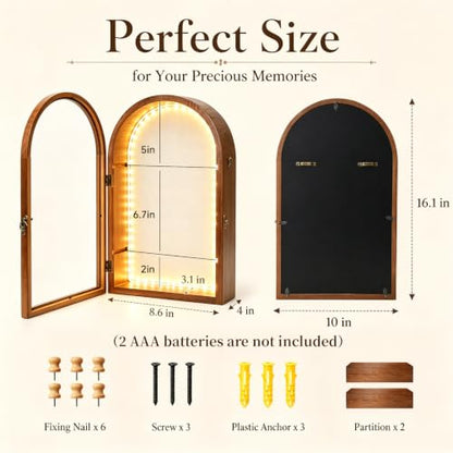 Lighted Shadow Box Frame 10x16, 4-Inch Deep with Removable Shelves | Built-In LED Light Clear Acrylic Door Warm Walnut Finish Memory Box for Medals, Wedding Bouquet, Keepsakes & Pet - color: Walnut With Light