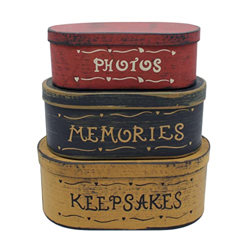 CVHOMEDECO. Primitives Antique Oval Photos, Memories, Keepsakes Cardboard Nesting Boxes, Large 9-3/4 x 5-1/2 x 4 Inch, Set of 3. - color: Photos, Memories, Keepsakes