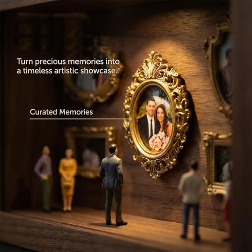 Mini Museum Silhouette Shadow Box Frame, DIY Memory Display Photo Craft Kit with LED String Lights, Mini Gold Frames & Figurines, Keepsake Box for Wedding Anniversary Family Milestone Gift - color: White