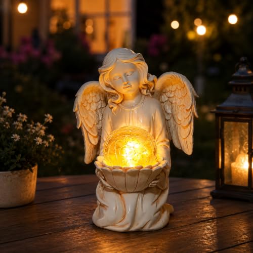 Angel Garden Statues, Outdoor Angel Holding Lotus with Crackled Glass Globe - style: Lotus