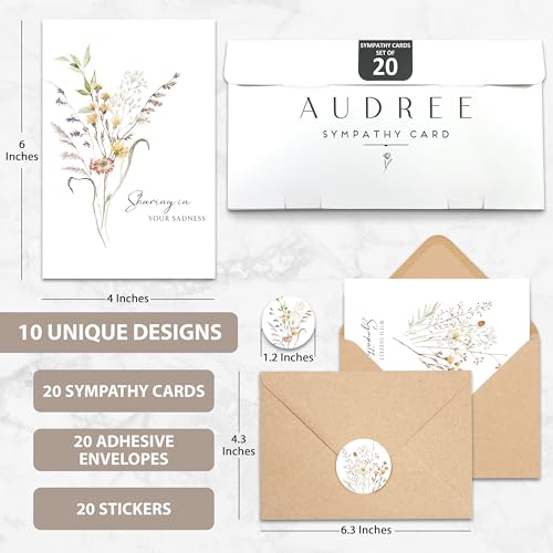 20 Pcs Sympathy Cards with Envelopes and Thoughtful Messages (4"x6") - Wildflowers Watercolor Condolences Cards - Bereavement Cards Set with Envelopes and Matching Stickers - Sympathy Cards Bulk | Thoughtful Messages, Wildflowers Watercolor Condolences &