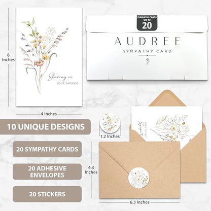 20 Pcs Sympathy Cards with Envelopes and Thoughtful Messages (4"x6") - Wildflowers Watercolor Condolences Cards - Bereavement Cards Set with Envelopes and Matching Stickers - Sympathy Cards Bulk | Thoughtful Messages, Wildflowers Watercolor Condolences &