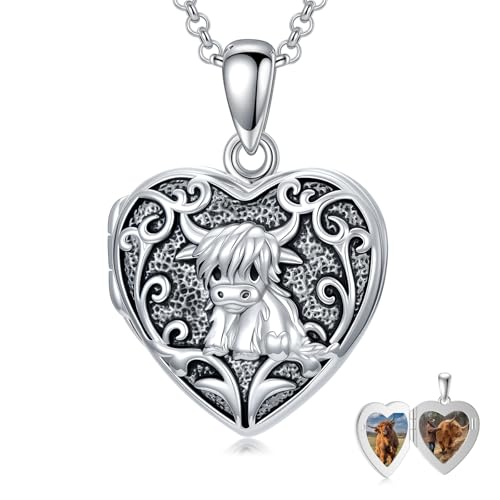 Personalized Heart Locket Necklace That Holds Pictures 925 Sterling Silver Custom Photo Lockets Necklaces Jewelry Gifts for Family Women Lover - color: Highland cow, style: Locket Only