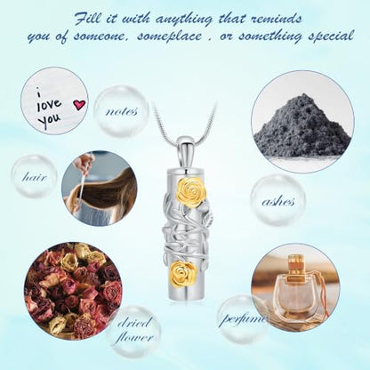 Cylinder Urn Necklace for Ashes Roseflower Cremation Jewelry Urn Ashes Necklace for Women Men Memorial Keepsake Necklace of Loved One - color: Silver-Gold