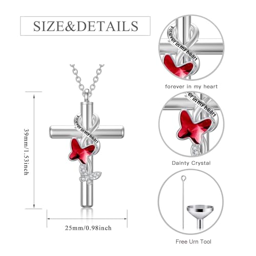 Cross Urn Necklace for Ashes 925 Sterling Silver Cremation Jewelry with Funnel Filler Kit Ashes Necklace for Human Women Girl Pets - color: A_Red Butterfly Urn Necklace, style: Personalized