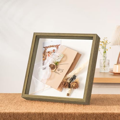 12x12 Shadow Box Frame with Ultra-Clear Glass & Soft Linen Back | With Push Pins and Stand, Deep 1.5" Brown Shadow Box Display Case – Display on Tabletop or Wall for Photo, Wedding, Keepsake - color: Brown+high Definition Panel + Shatter-proof Packaging,